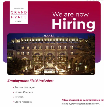 Urgent Vacancies at Grand Hyatt. Drivers, Store and Room Keepers etc.
