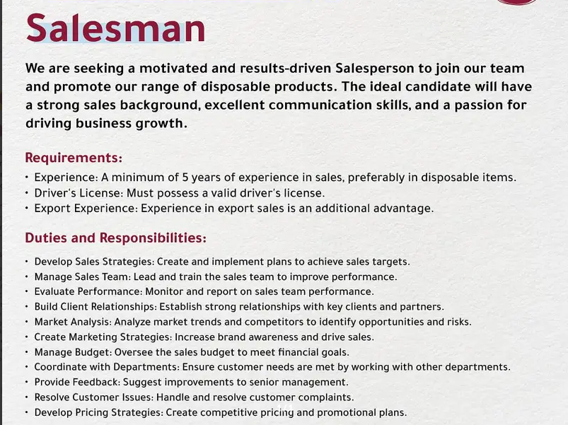We are Hiring ! Salesman