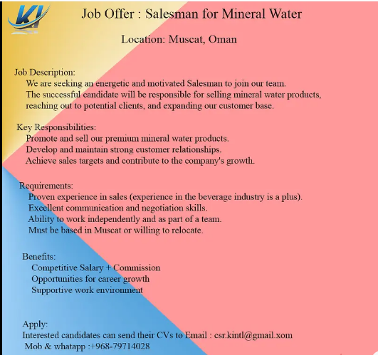 Required Salesman for Mineral Water