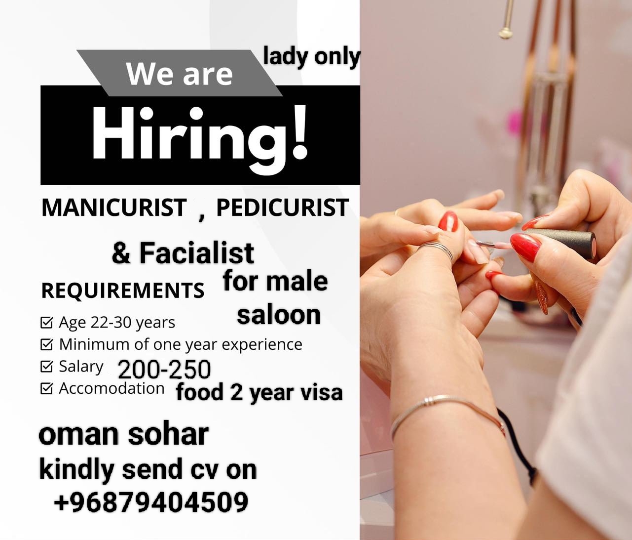 Manicurist,pedicurist,and facialist lady for male saloon  