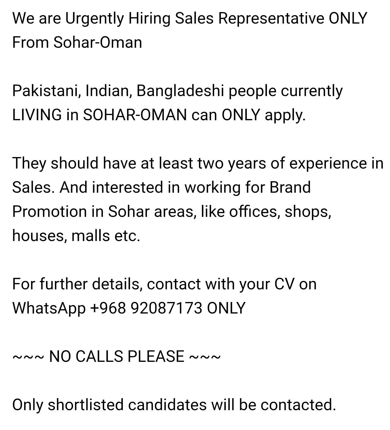 Urgently Hiring Sales Representatives ONLY From Sohar-Oman 