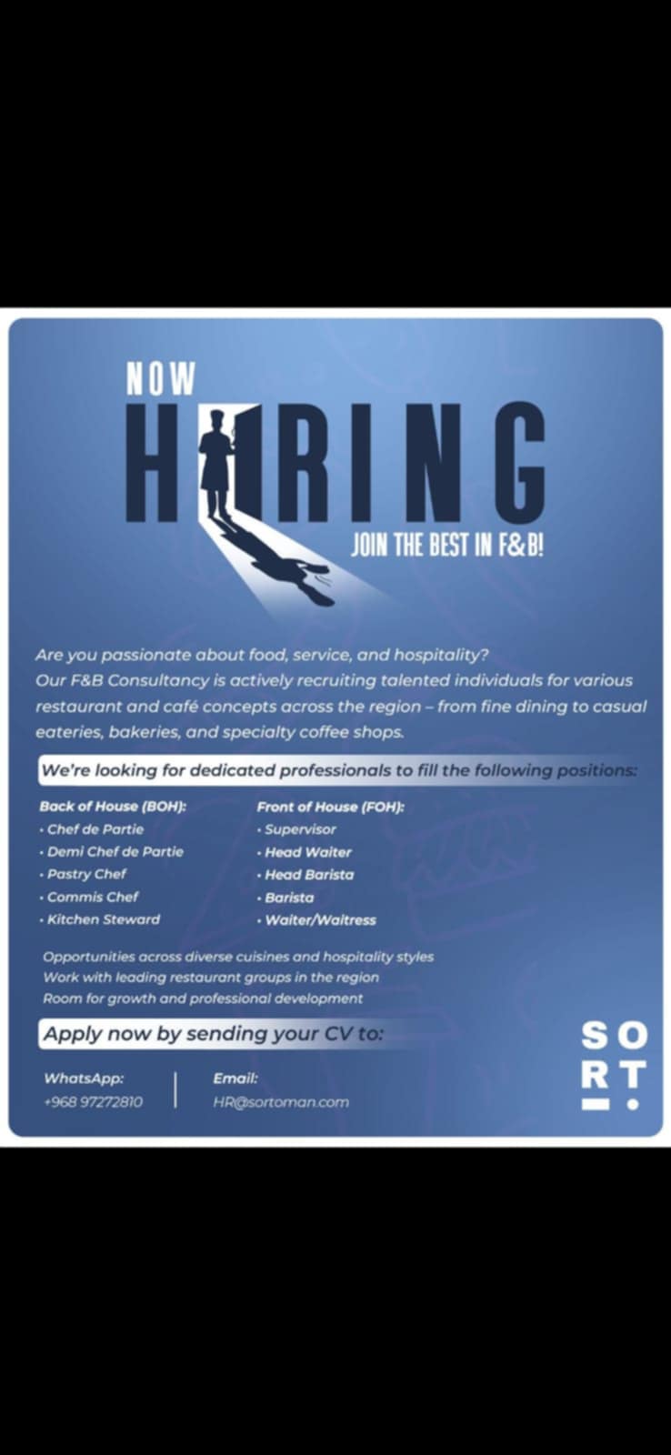 Urgent Hiring for Supervisor,Commis Chef, Kitchen Steward