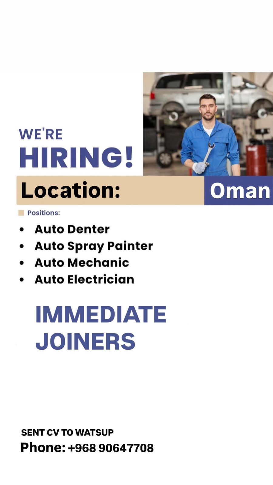 MECHANIC, DENTER, PAINTER, ELECTRICION FOR AUTOMOTIVE WORKSHOP 