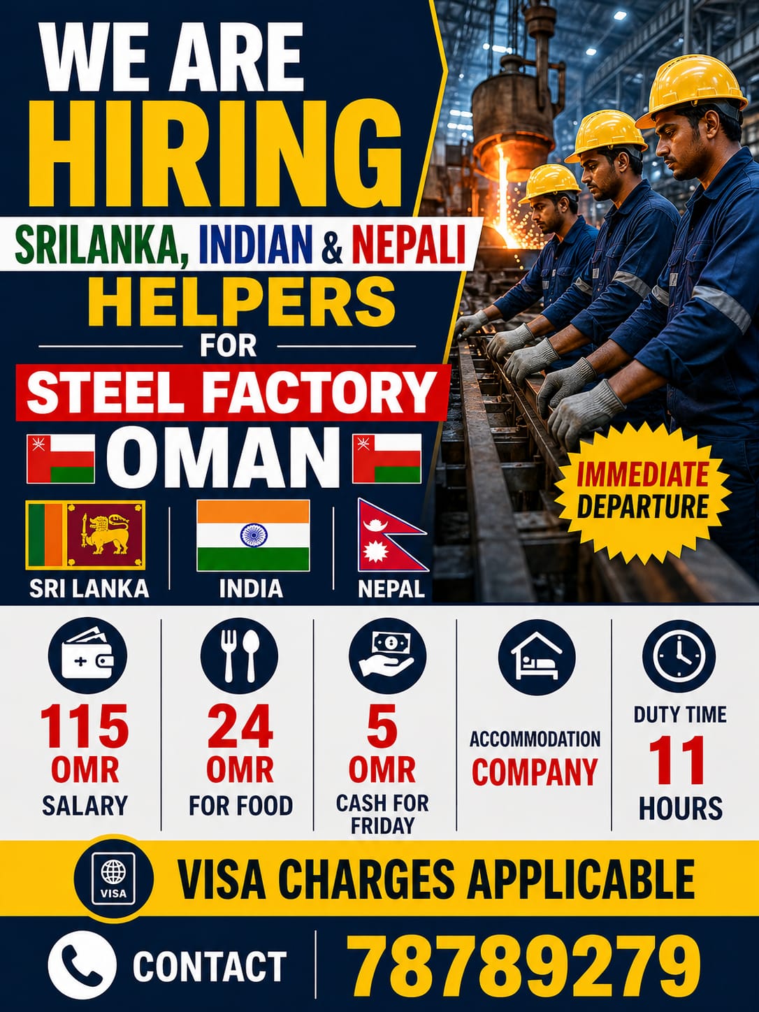 HIRING SRILANKA AND INDIAN HELPERS FOR STEEL FACTORY OMAN