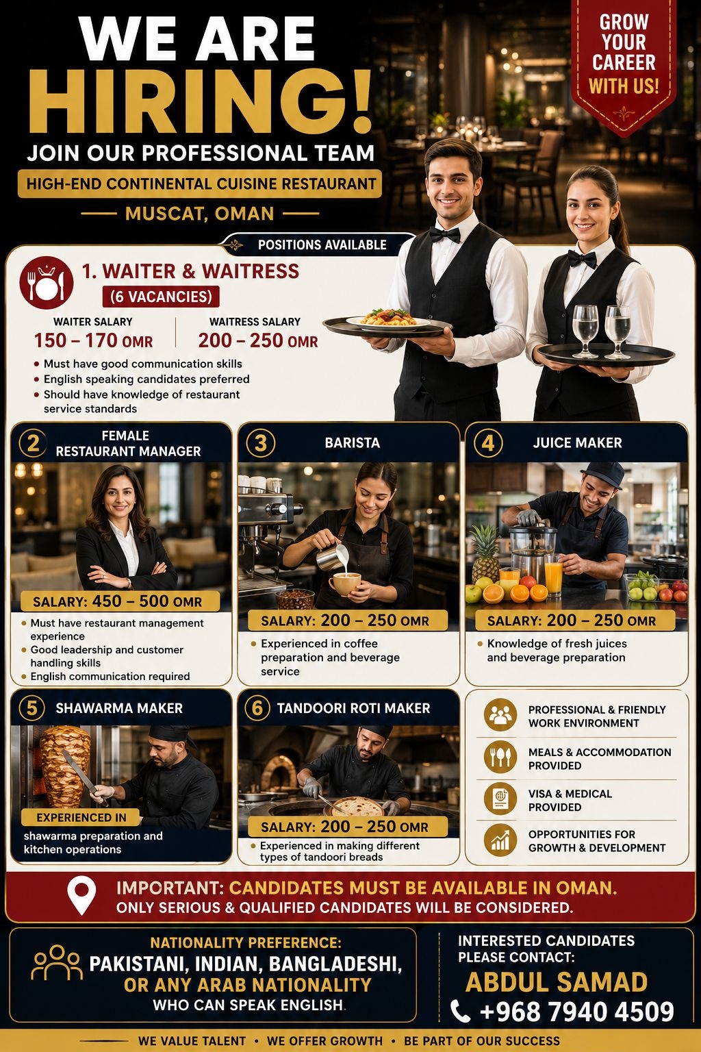 RESTAURANT STAFF REQUIRED