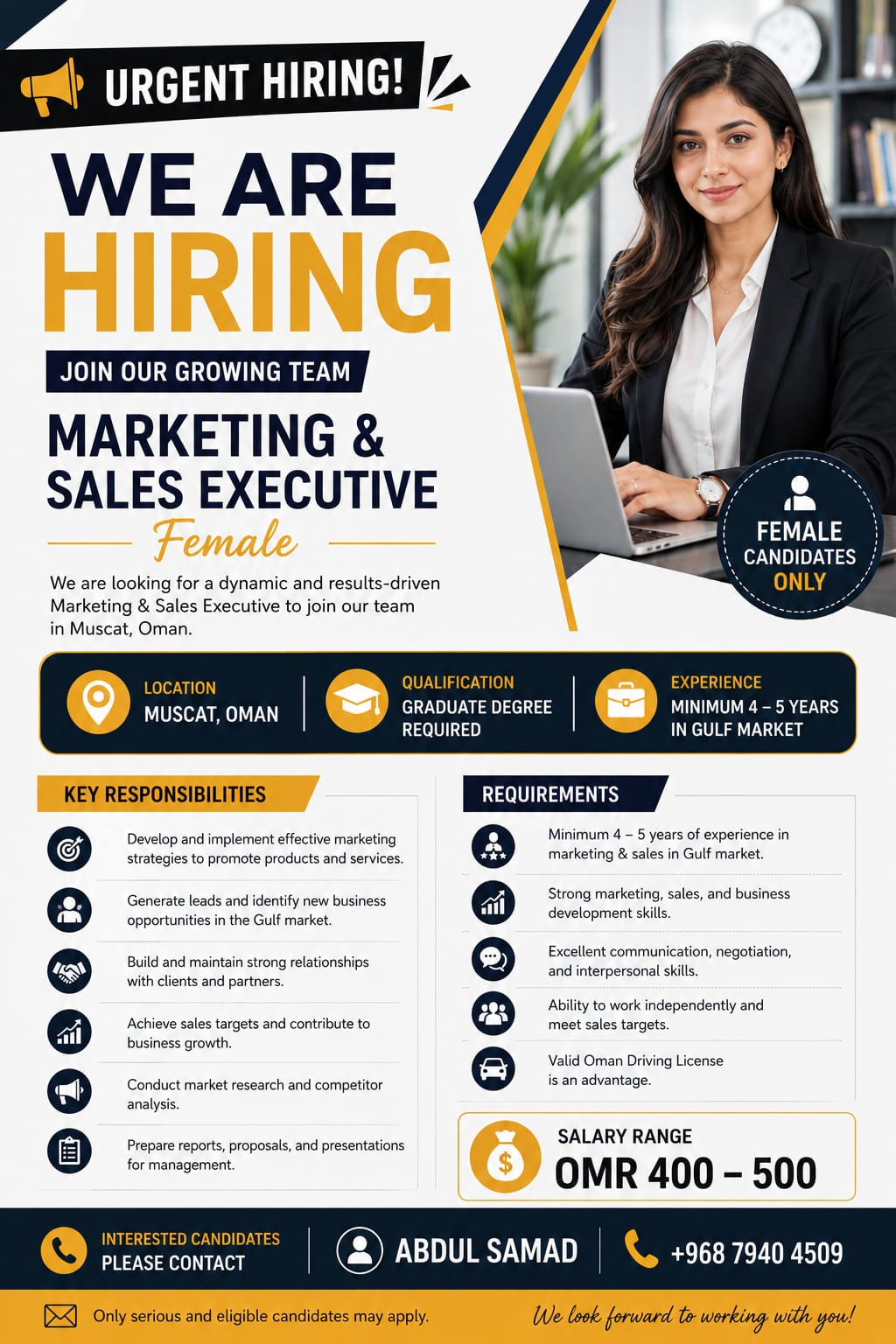 Marketing and sales executive lady only 